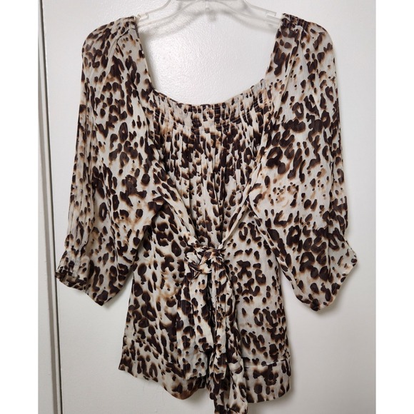 Ice Leopard Print 3/4 Sleeve Blouse XL Smocked Pleated Belt Y2K‎ 90s Milkmaid - Picture 2 of 11